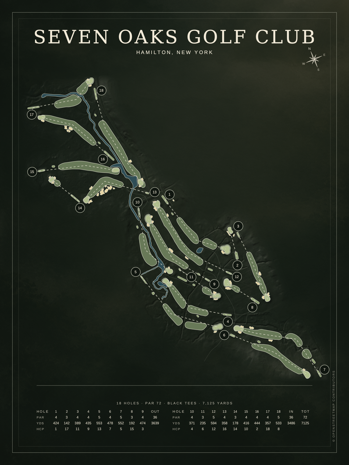 Seven Oaks Golf Club course map poster, Architectural style, 12×16 / 18×24