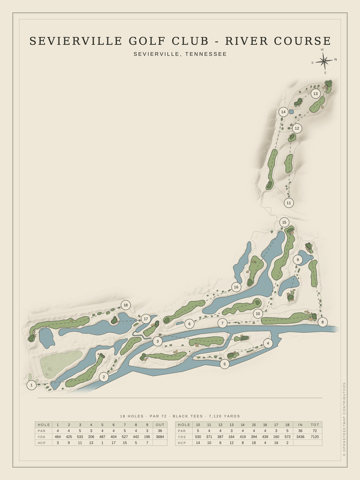 Sevierville Golf Club - River Course map poster, Classic style, 12×16 / 18×24