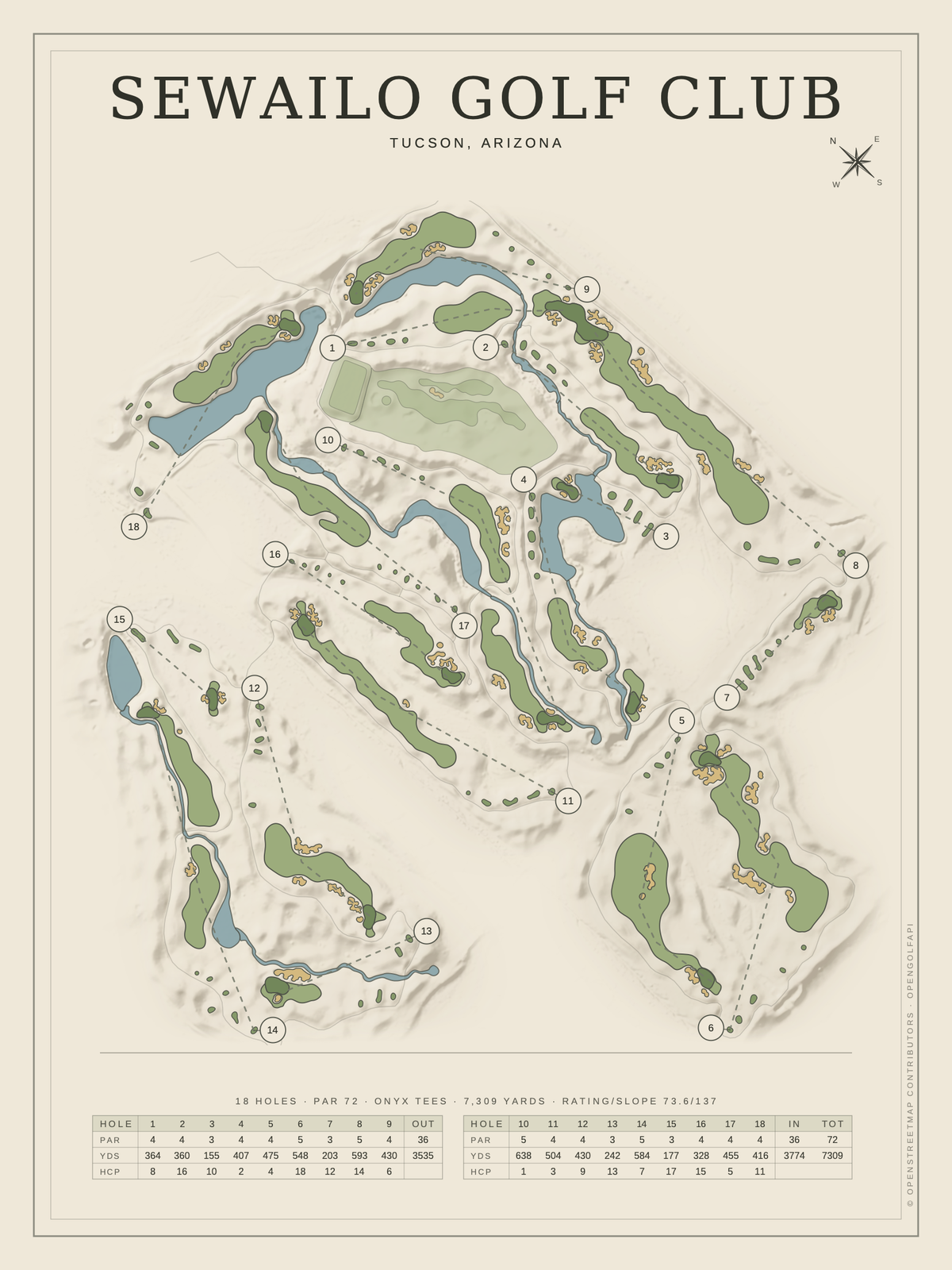 Sewailo Golf Club course map poster, Classic style, 12×16 / 18×24