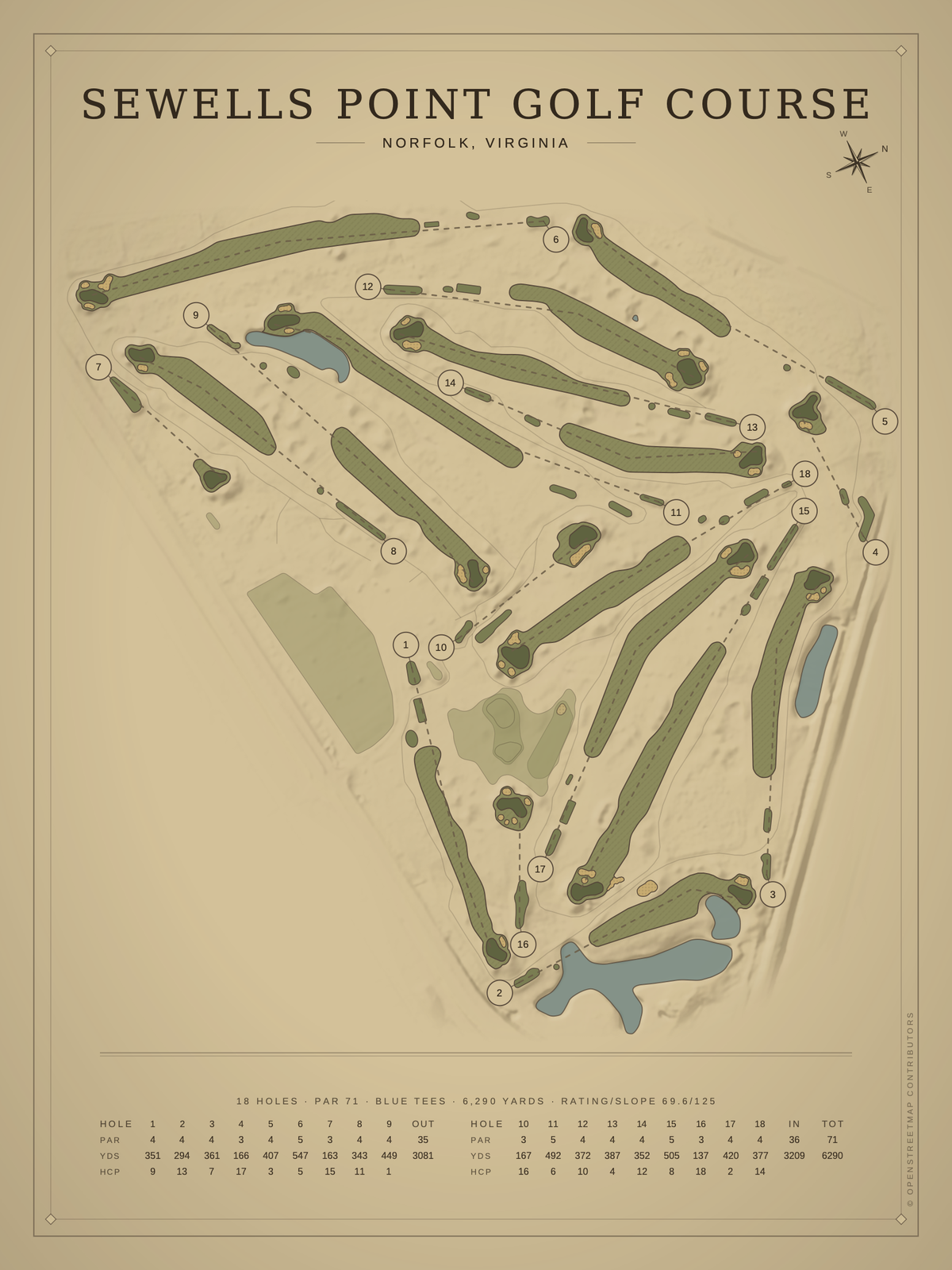 Sewells Point Golf Course map poster, Vintage style, 12×16 / 18×24