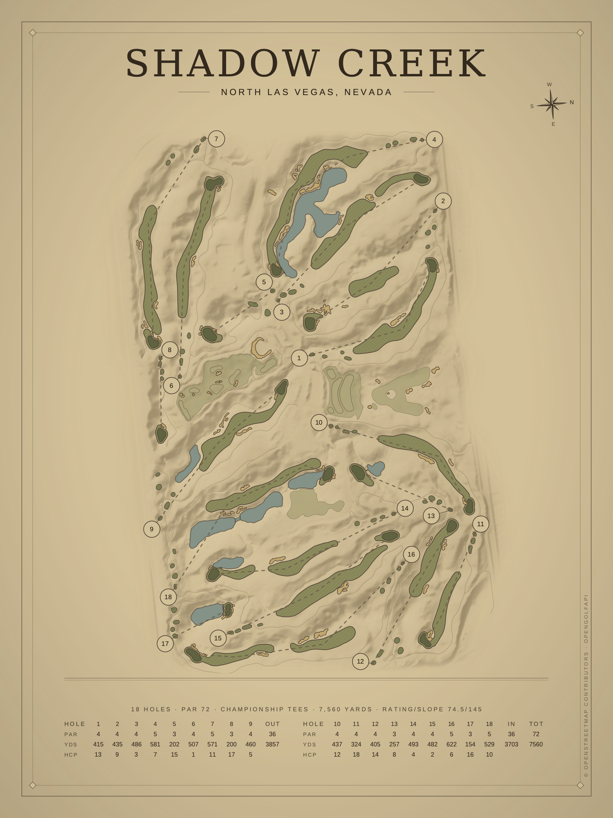 Shadow Creek course map poster, Vintage style, 12×16 / 18×24