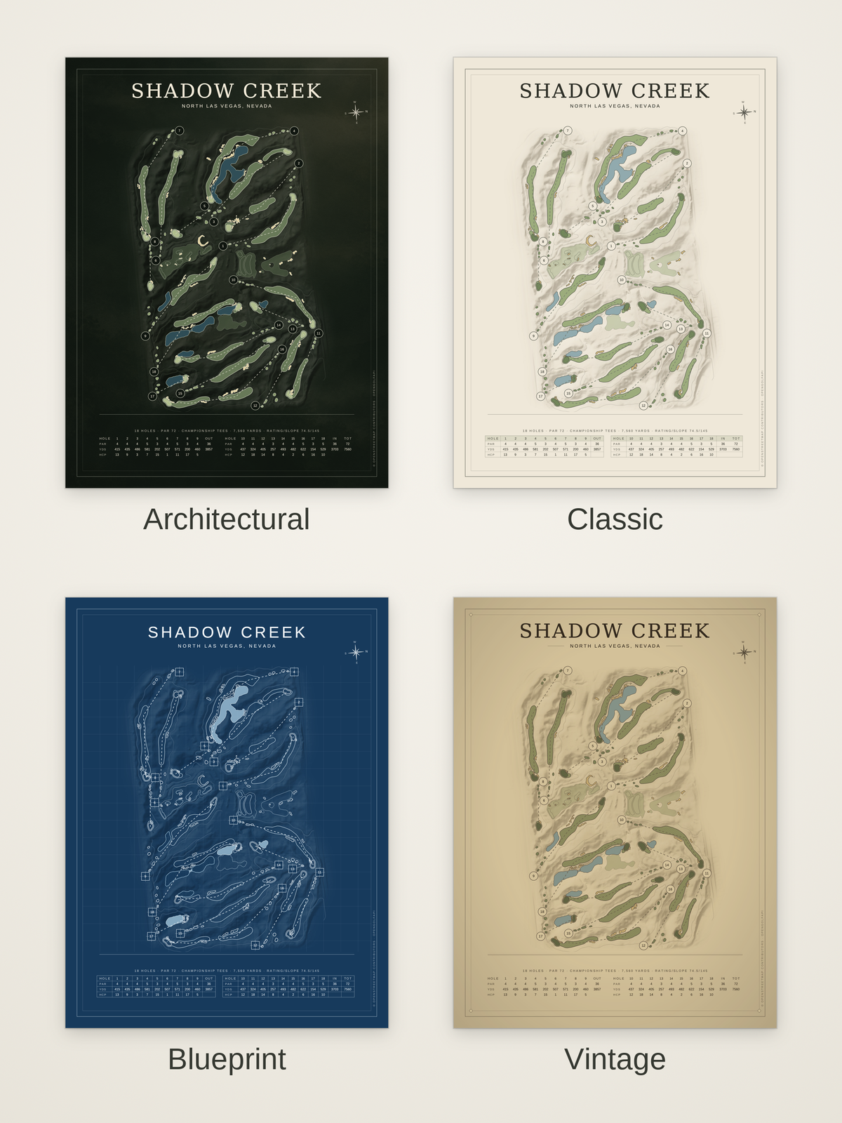 Shadow Creek course map poster in four styles: Architectural, Classic, Blueprint and Vintage