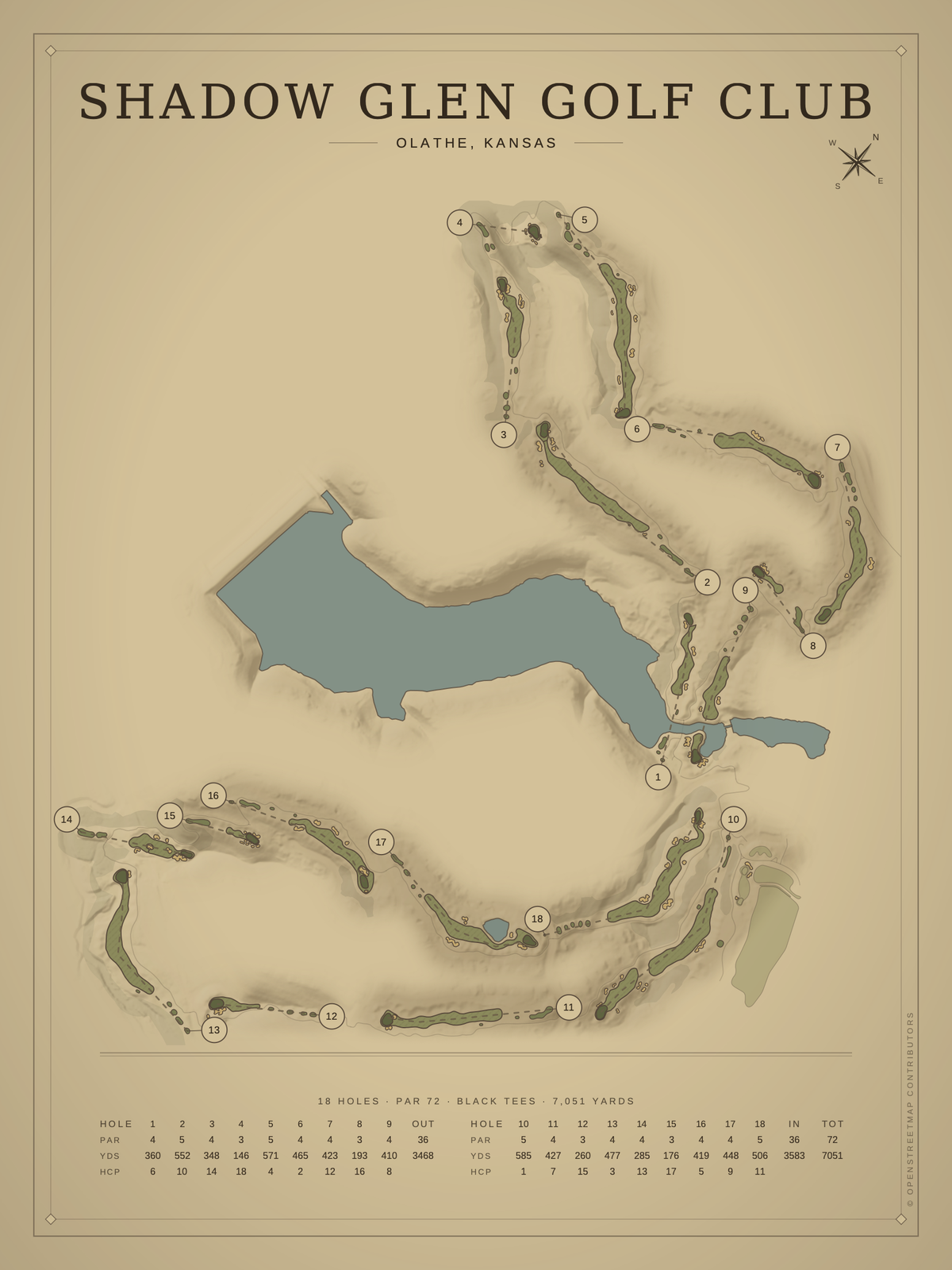 Shadow Glen Golf Club course map poster, Vintage style, 12×16 / 18×24