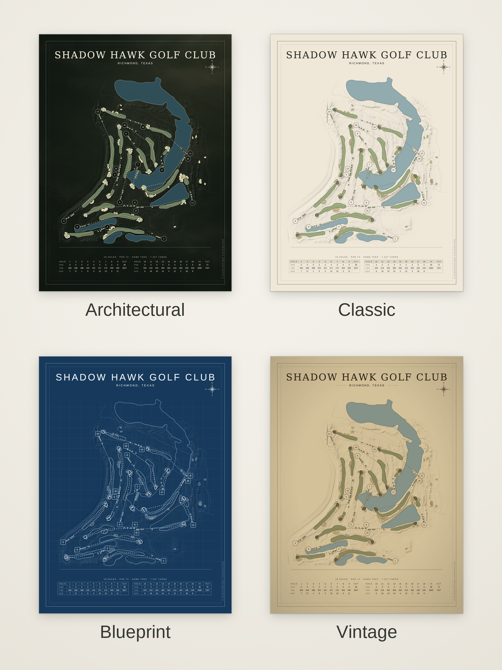 Shadow Hawk Golf Club course map poster in four styles: Architectural, Classic, Blueprint and Vintage