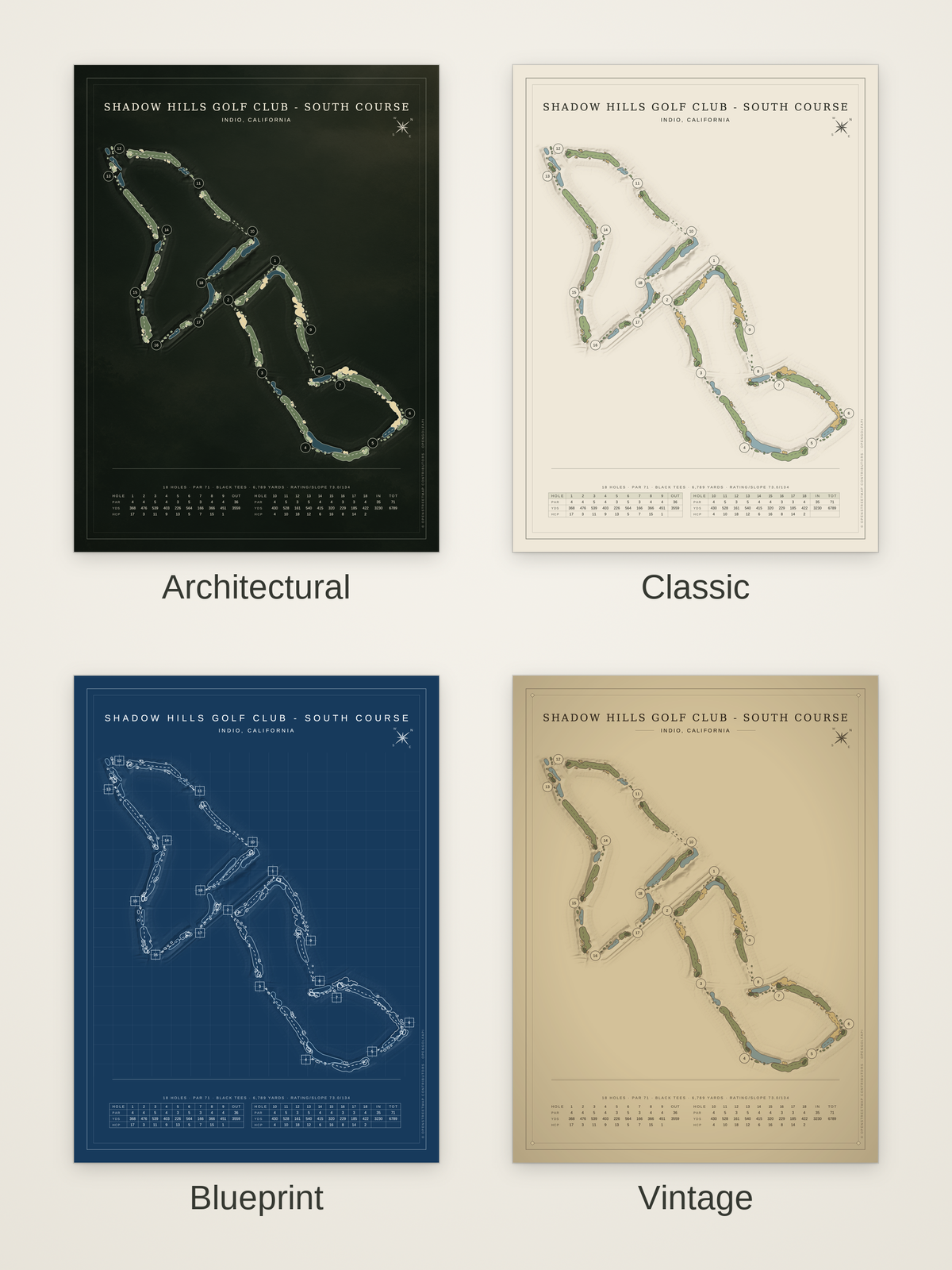 Shadow Hills Golf Club - South Course map poster in four styles: Architectural, Classic, Blueprint and Vintage
