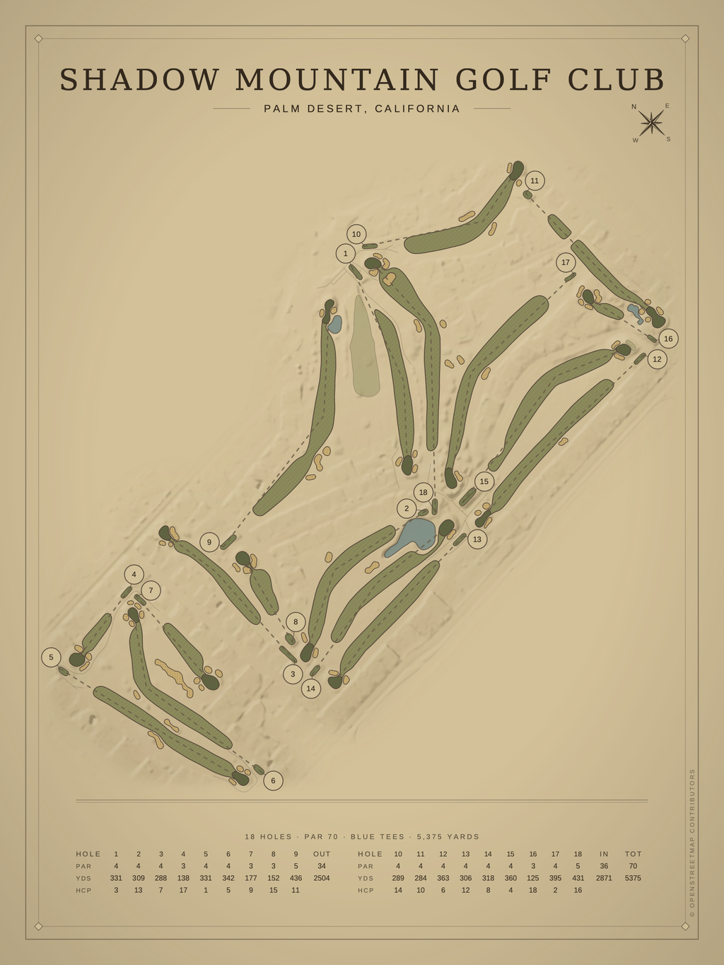 Shadow Mountain Golf Club course map poster, Vintage style, 12×16 / 18×24