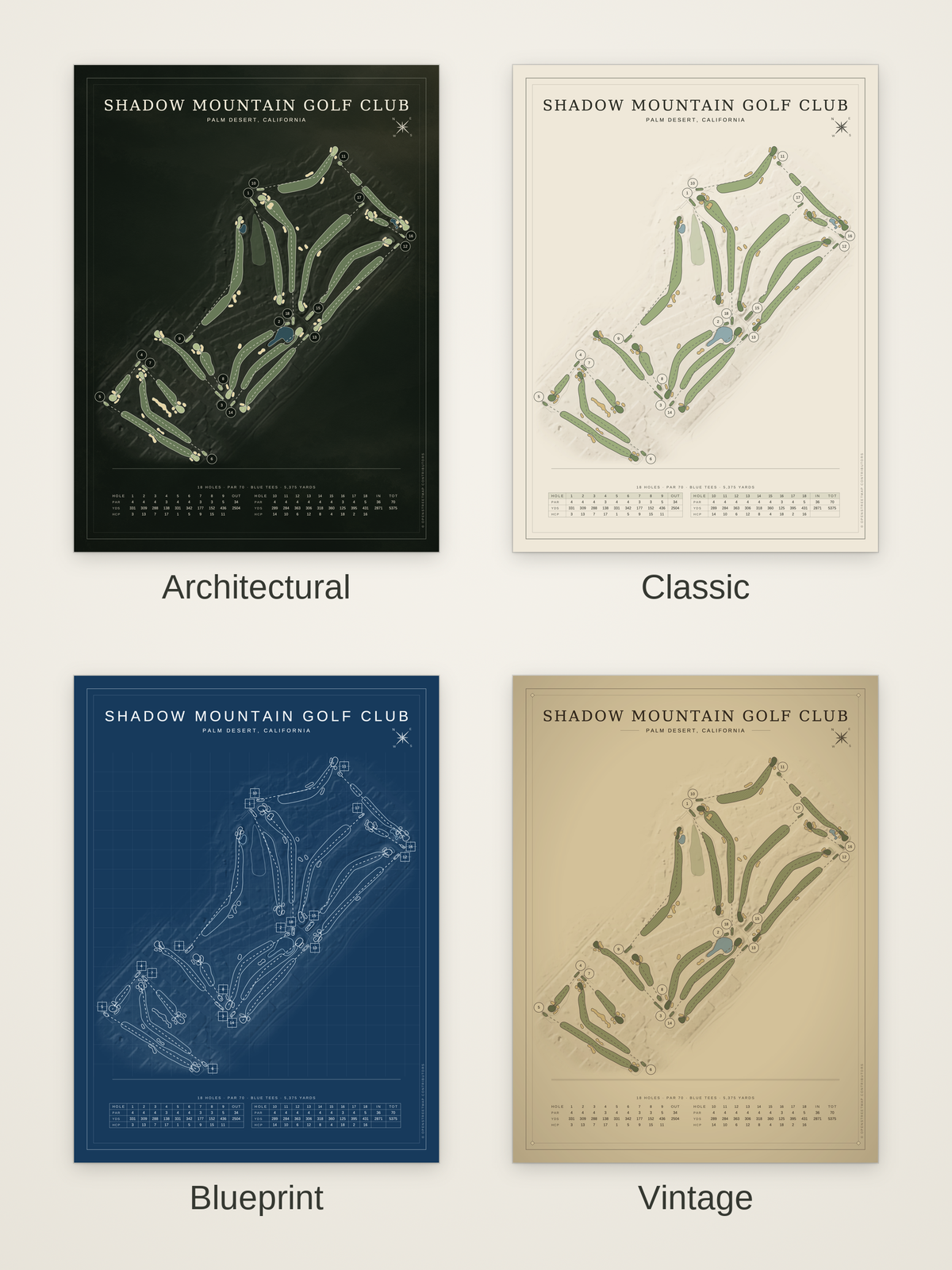 Shadow Mountain Golf Club course map poster in four styles: Architectural, Classic, Blueprint and Vintage