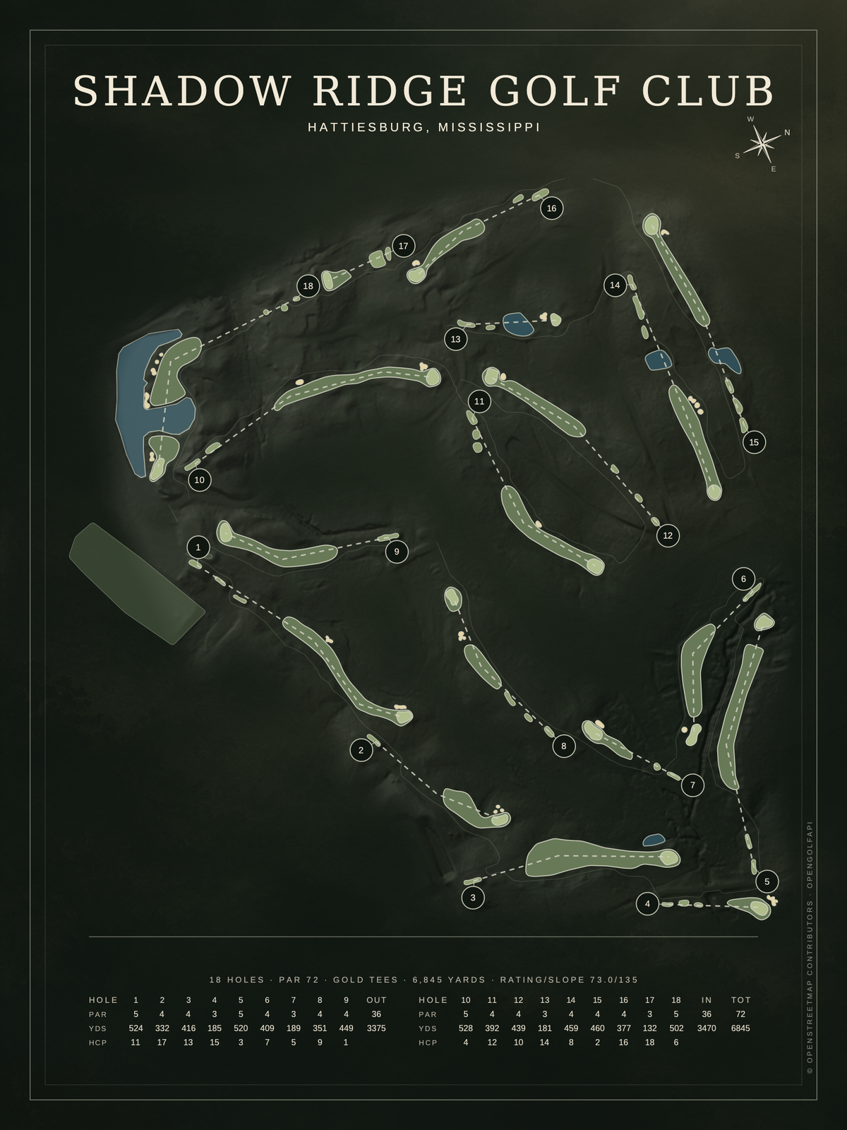 Shadow Ridge Golf Club course map poster, Architectural style, 12×16 / 18×24