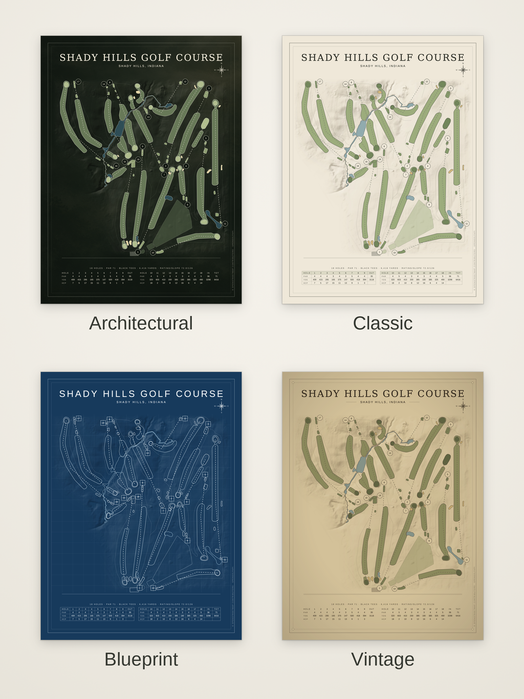 Shady Hills Golf Course map poster in four styles: Architectural, Classic, Blueprint and Vintage