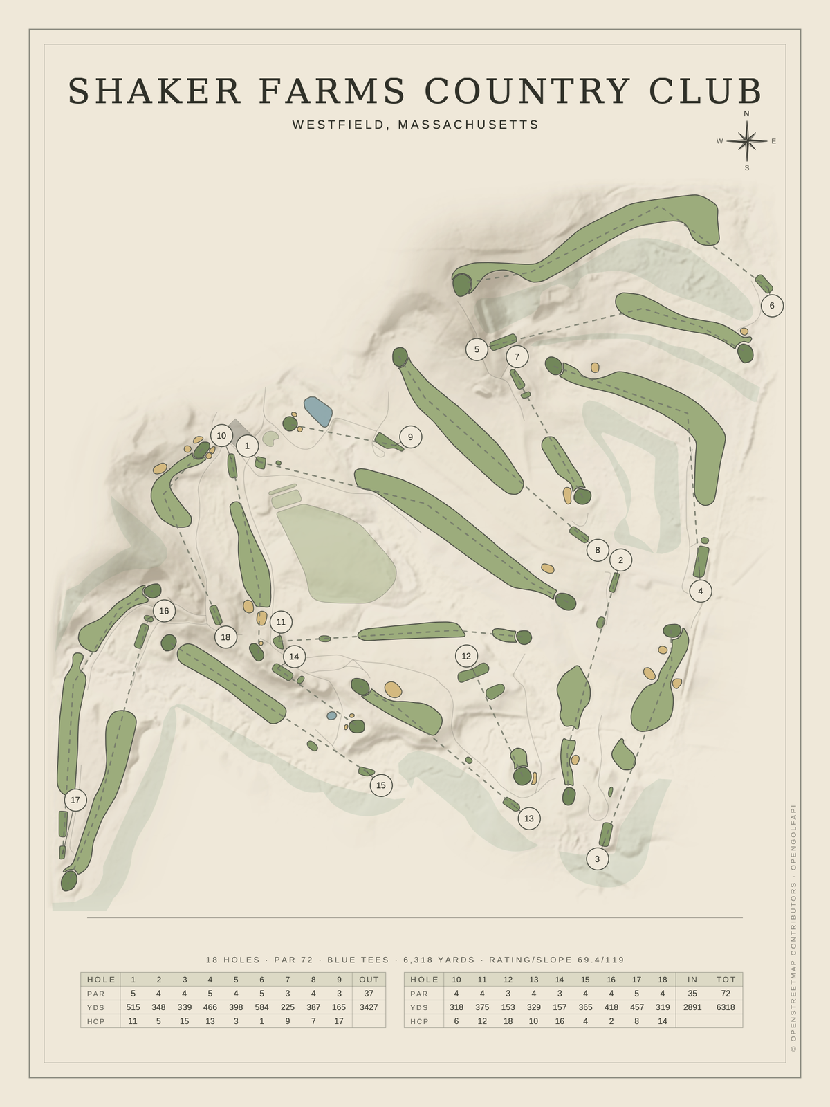 Shaker Farms Country Club course map poster, Classic style, 12×16 / 18×24