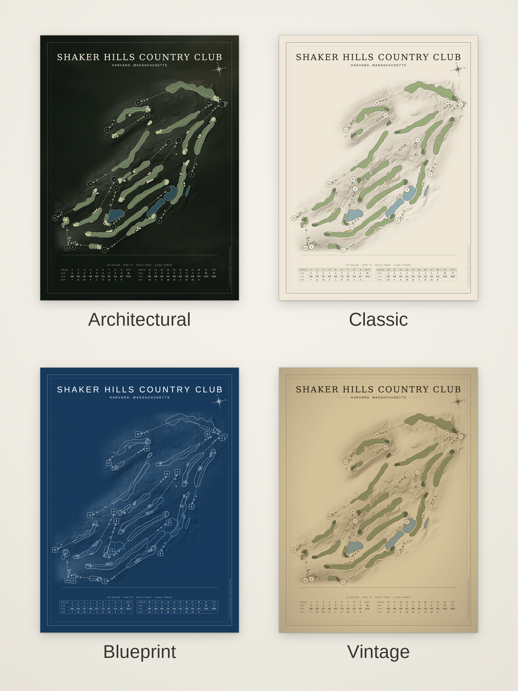 Shaker Hills Country Club course map poster in four styles: Architectural, Classic, Blueprint and Vintage