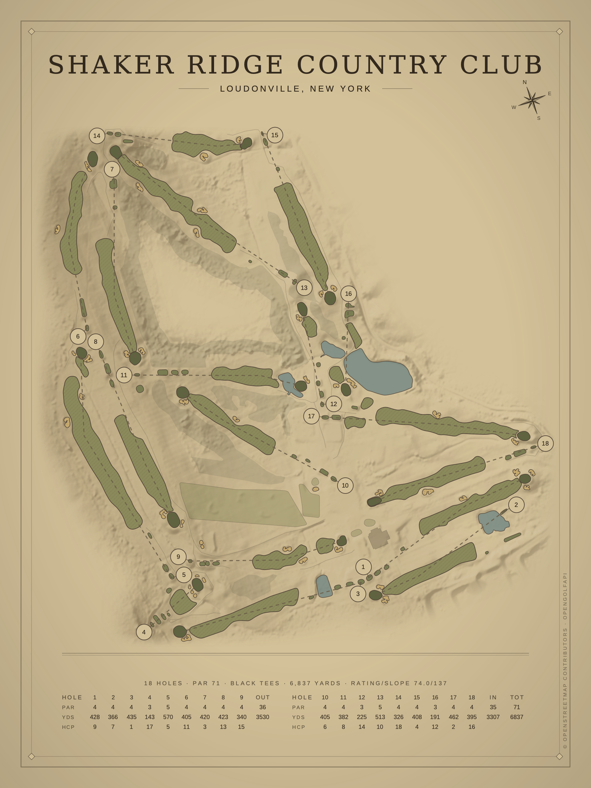 Shaker Ridge Country Club course map poster, Vintage style, 12×16 / 18×24