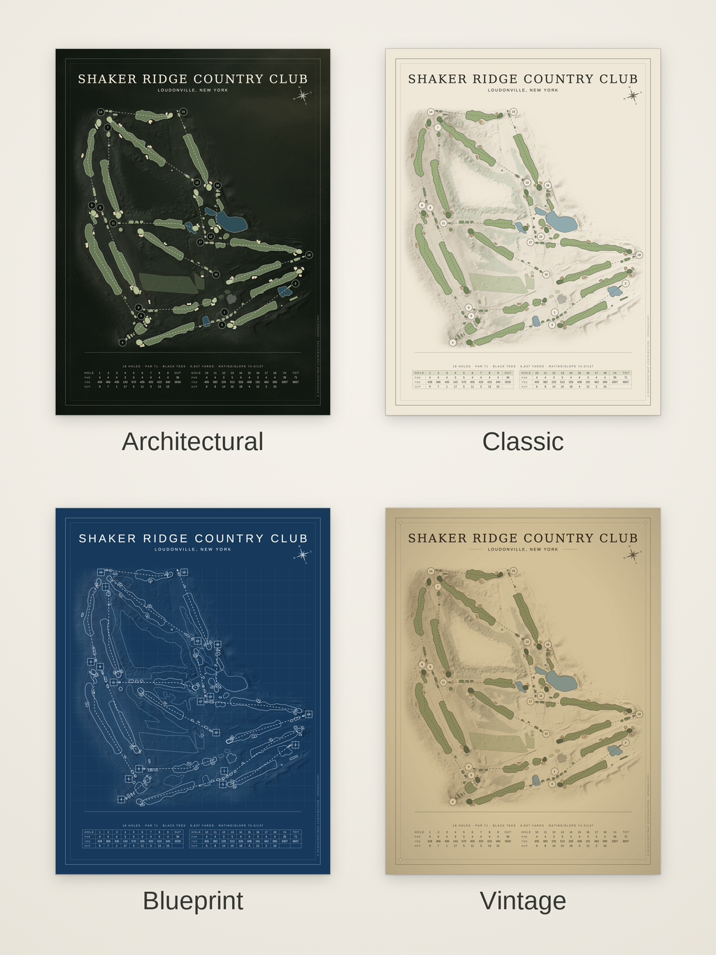 Shaker Ridge Country Club course map poster in four styles: Architectural, Classic, Blueprint and Vintage