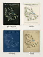 Shaker Ridge Country Club course map poster in four styles: Architectural, Classic, Blueprint and Vintage