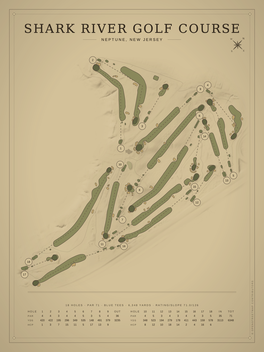 Shark River Golf Course map poster, Vintage style, 12×16 / 18×24