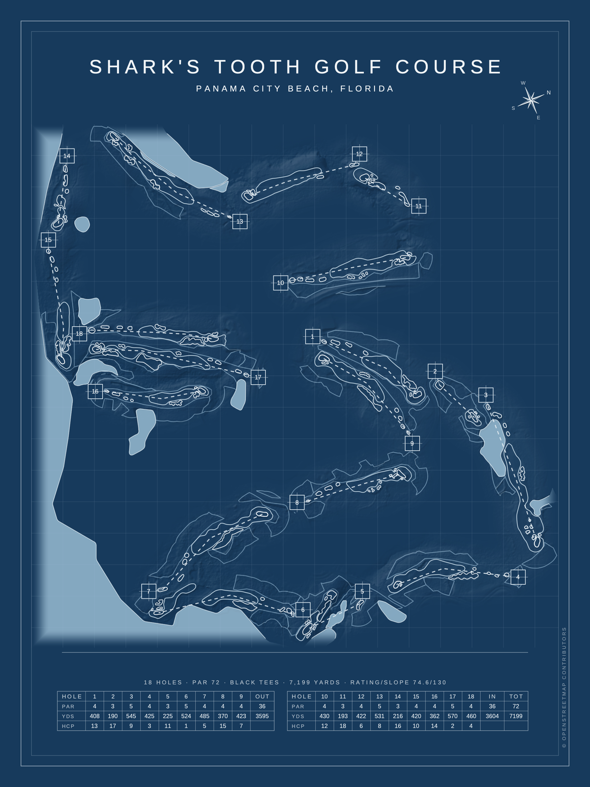 Shark's Tooth Golf Course map poster, Blueprint style, 12×16 / 18×24