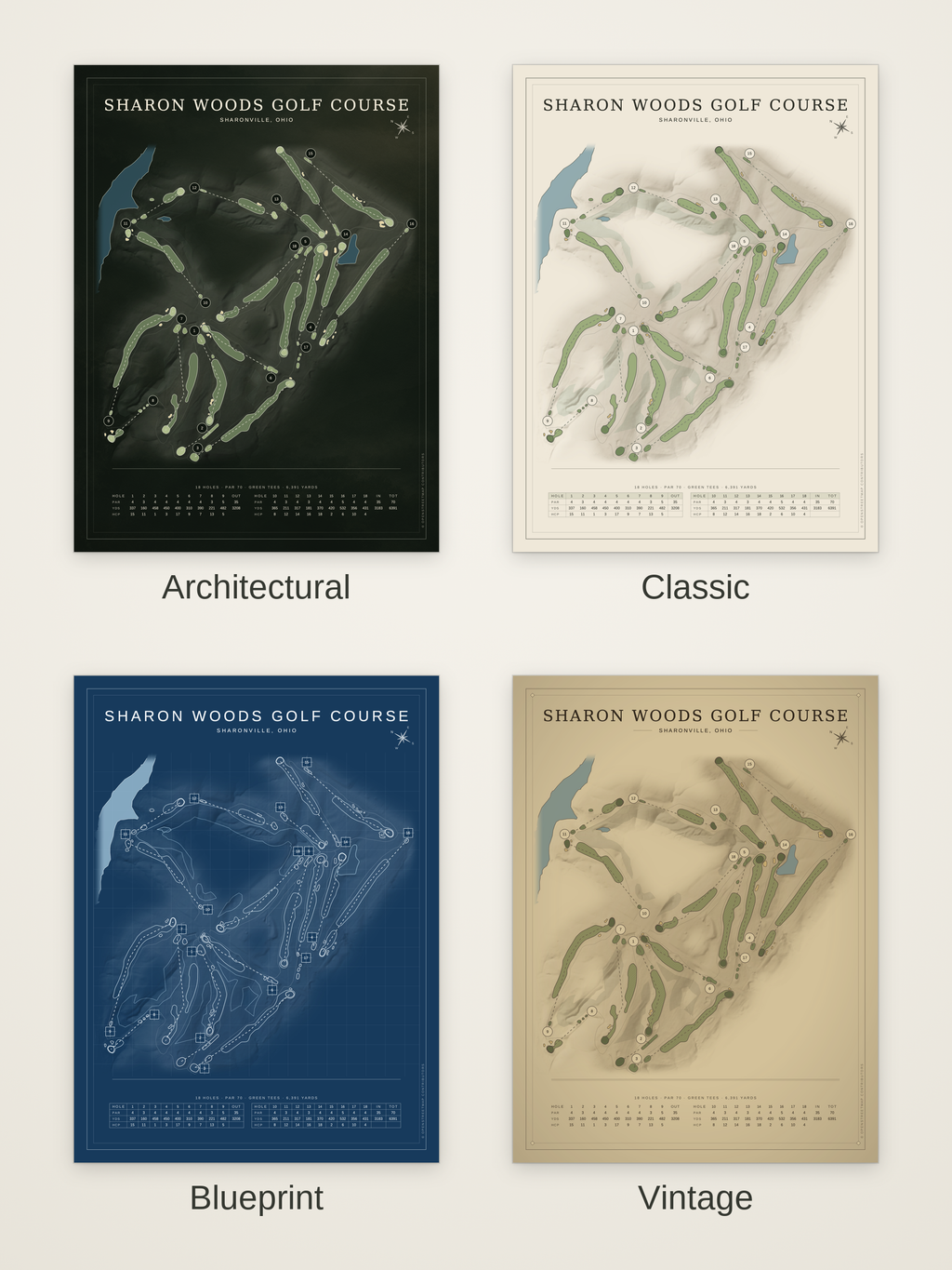Sharon Woods Golf Course map poster in four styles: Architectural, Classic, Blueprint and Vintage