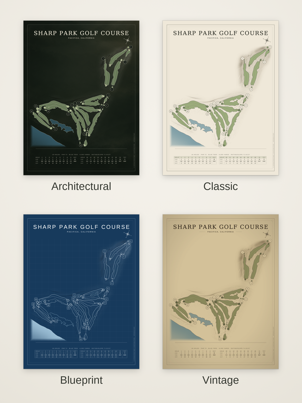Sharp Park Golf Course map poster in four styles: Architectural, Classic, Blueprint and Vintage