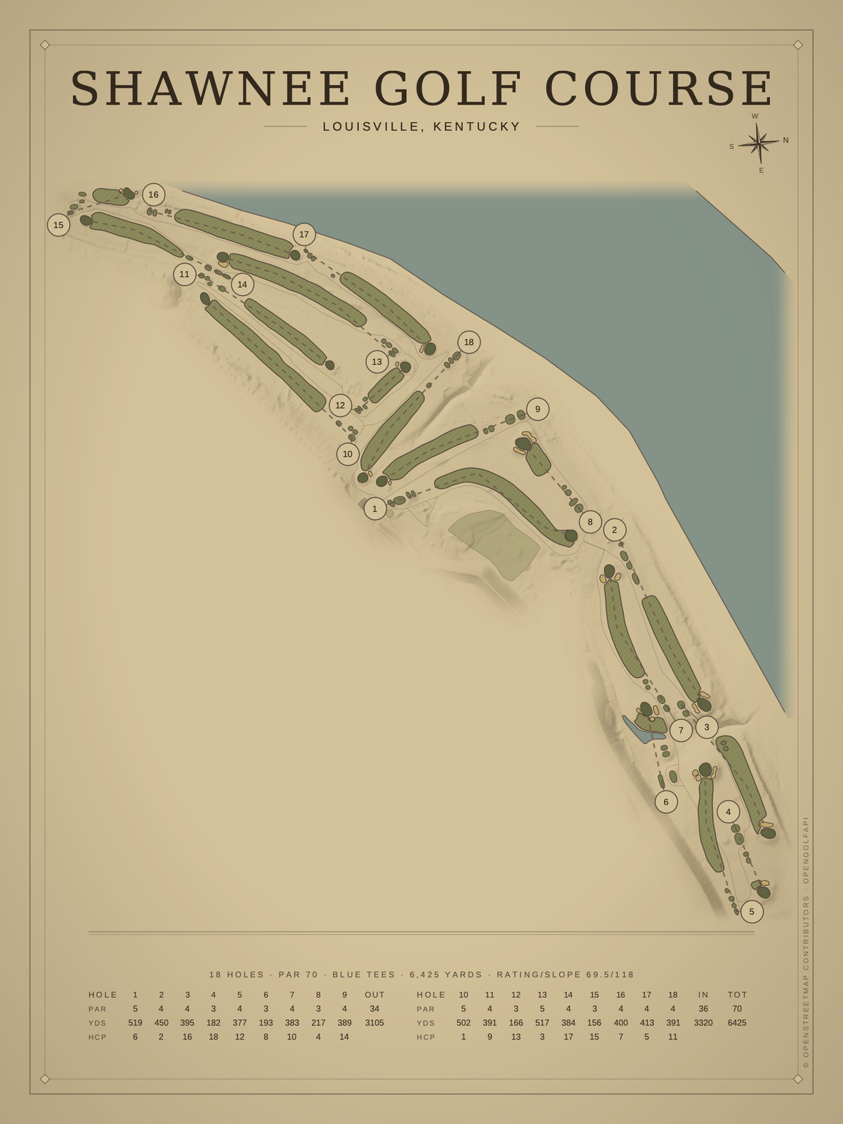 Shawnee Golf Course map poster, Vintage style, 12×16 / 18×24