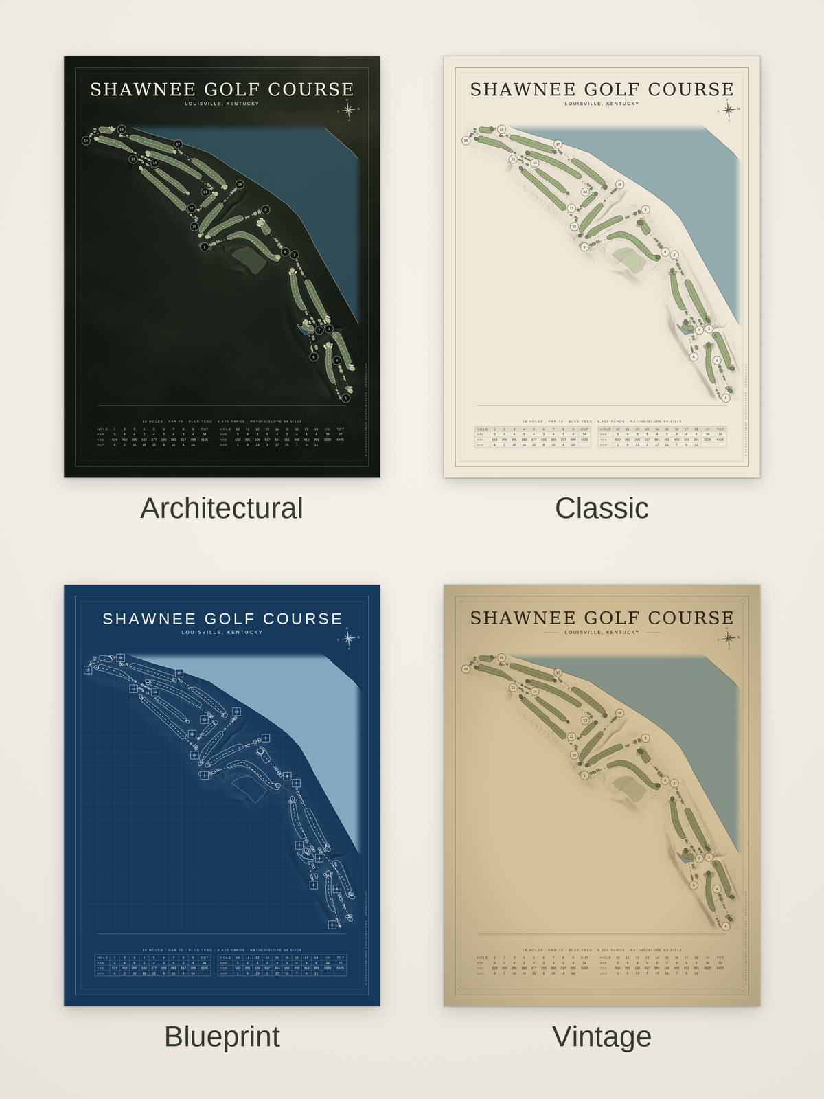 Shawnee Golf Course map poster in four styles: Architectural, Classic, Blueprint and Vintage