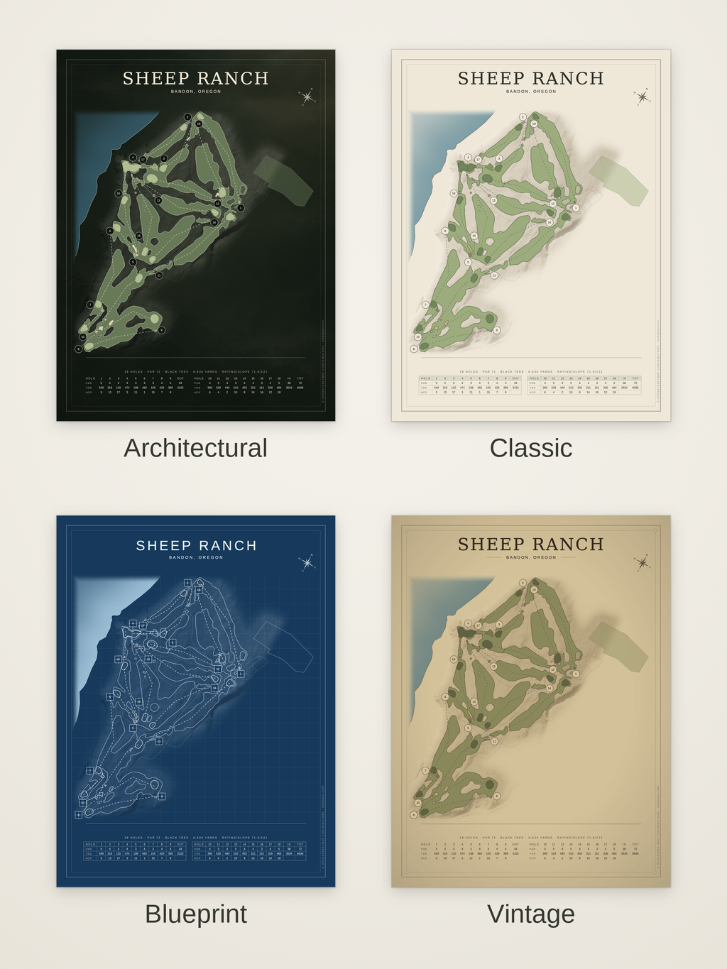 Sheep Ranch course map poster in four styles: Architectural, Classic, Blueprint and Vintage
