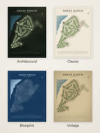 Sheep Ranch course map poster in four styles: Architectural, Classic, Blueprint and Vintage
