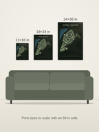 Sheep Ranch course map poster in the Architectural style at 12×16, 18×24 and 24×36 inches, shown to scale on a wall above an 84-inch sofa