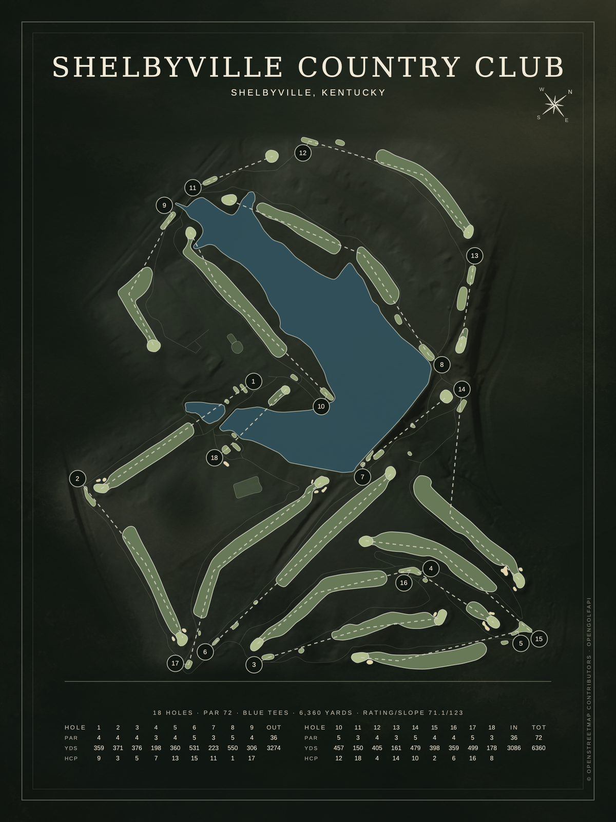 Shelbyville Country Club course map poster, Architectural style, 12×16 / 18×24
