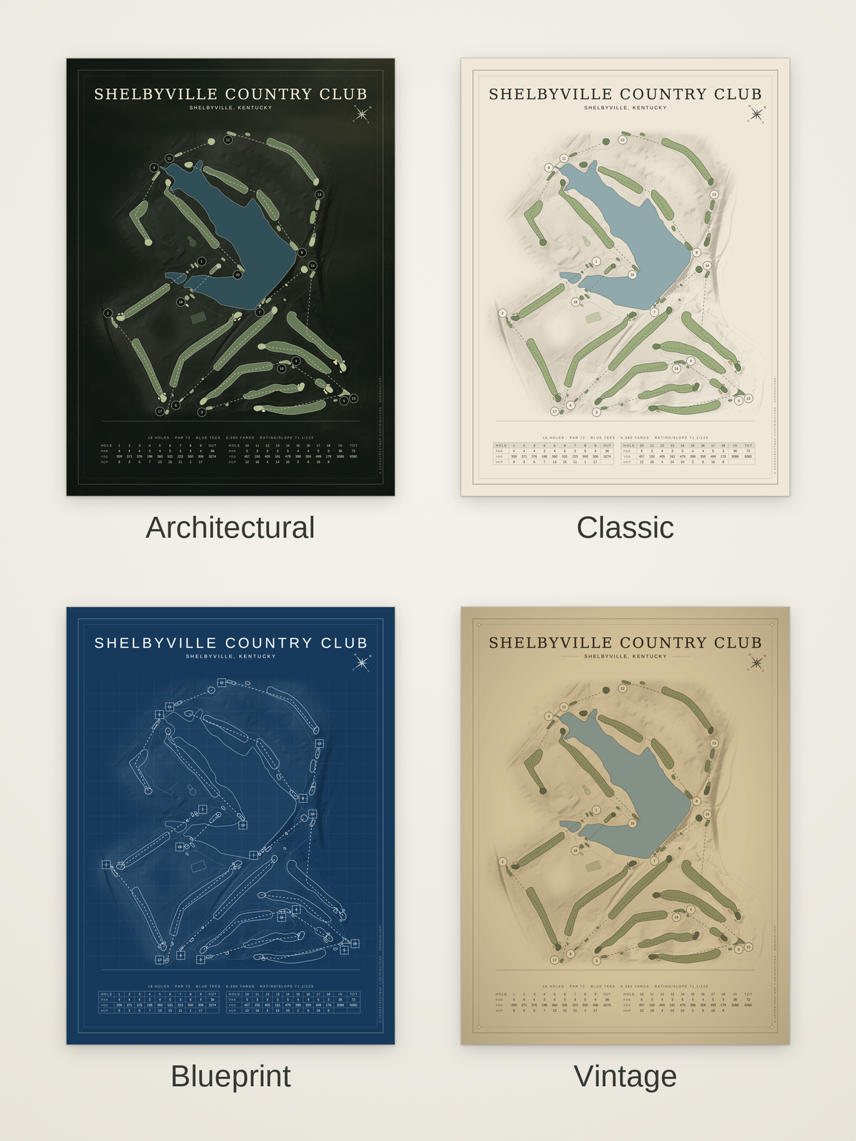 Shelbyville Country Club course map poster in four styles: Architectural, Classic, Blueprint and Vintage