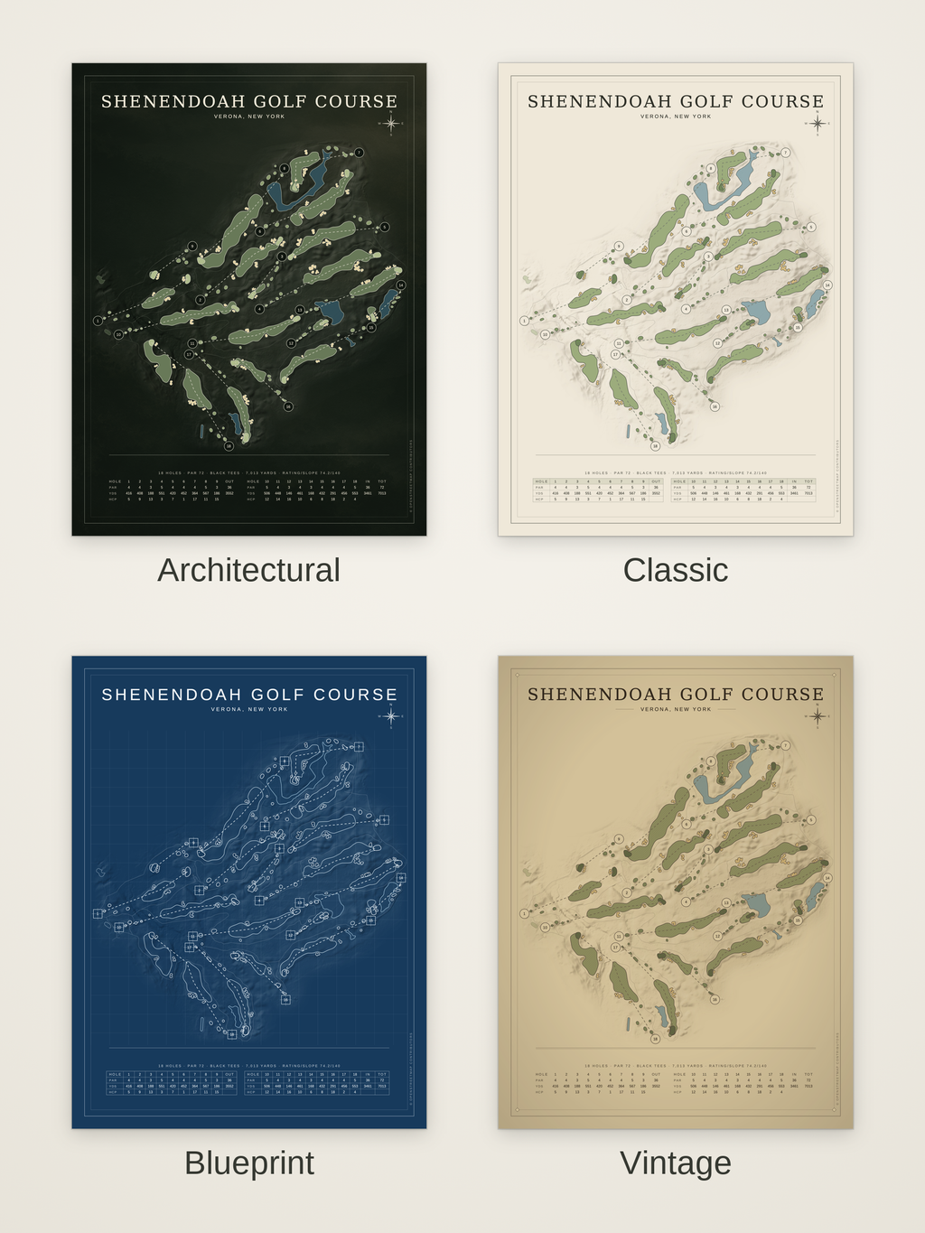 Shenendoah Golf Course map poster in four styles: Architectural, Classic, Blueprint and Vintage