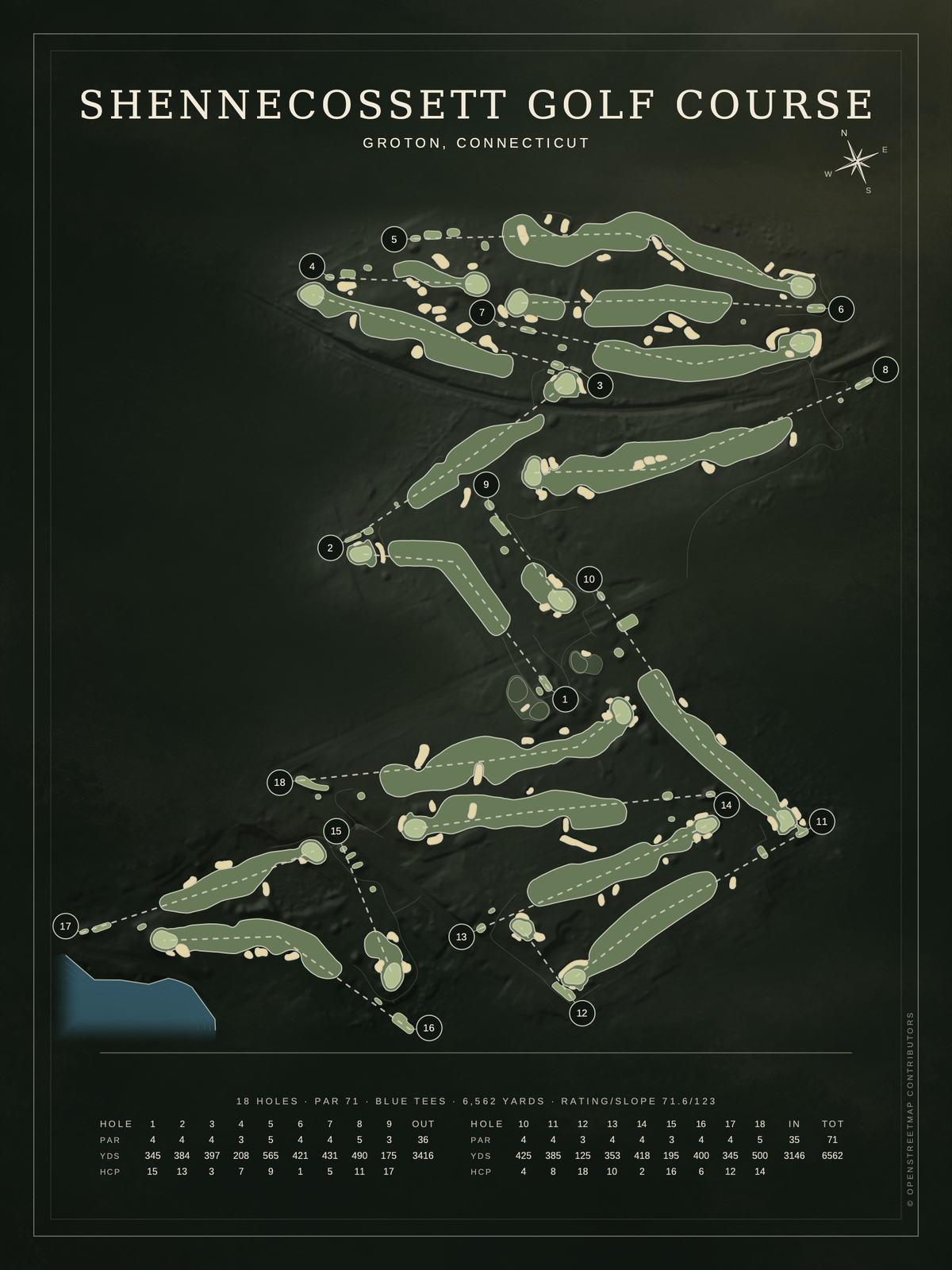 Shennecossett Golf Course map poster, Architectural style, 12×16 / 18×24