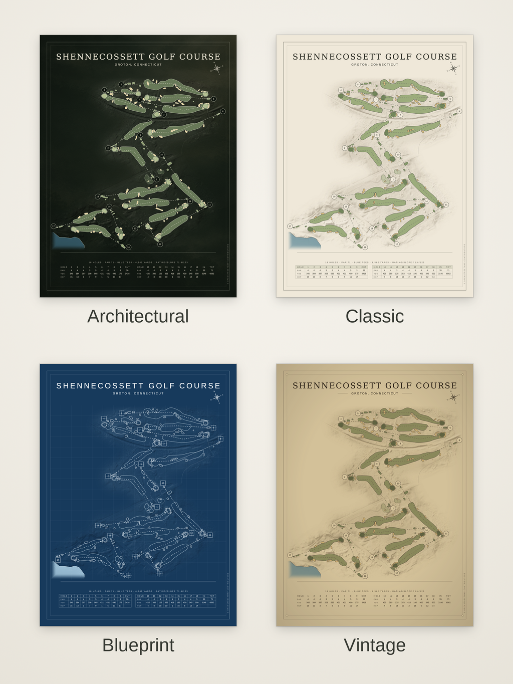 Shennecossett Golf Course map poster in four styles: Architectural, Classic, Blueprint and Vintage