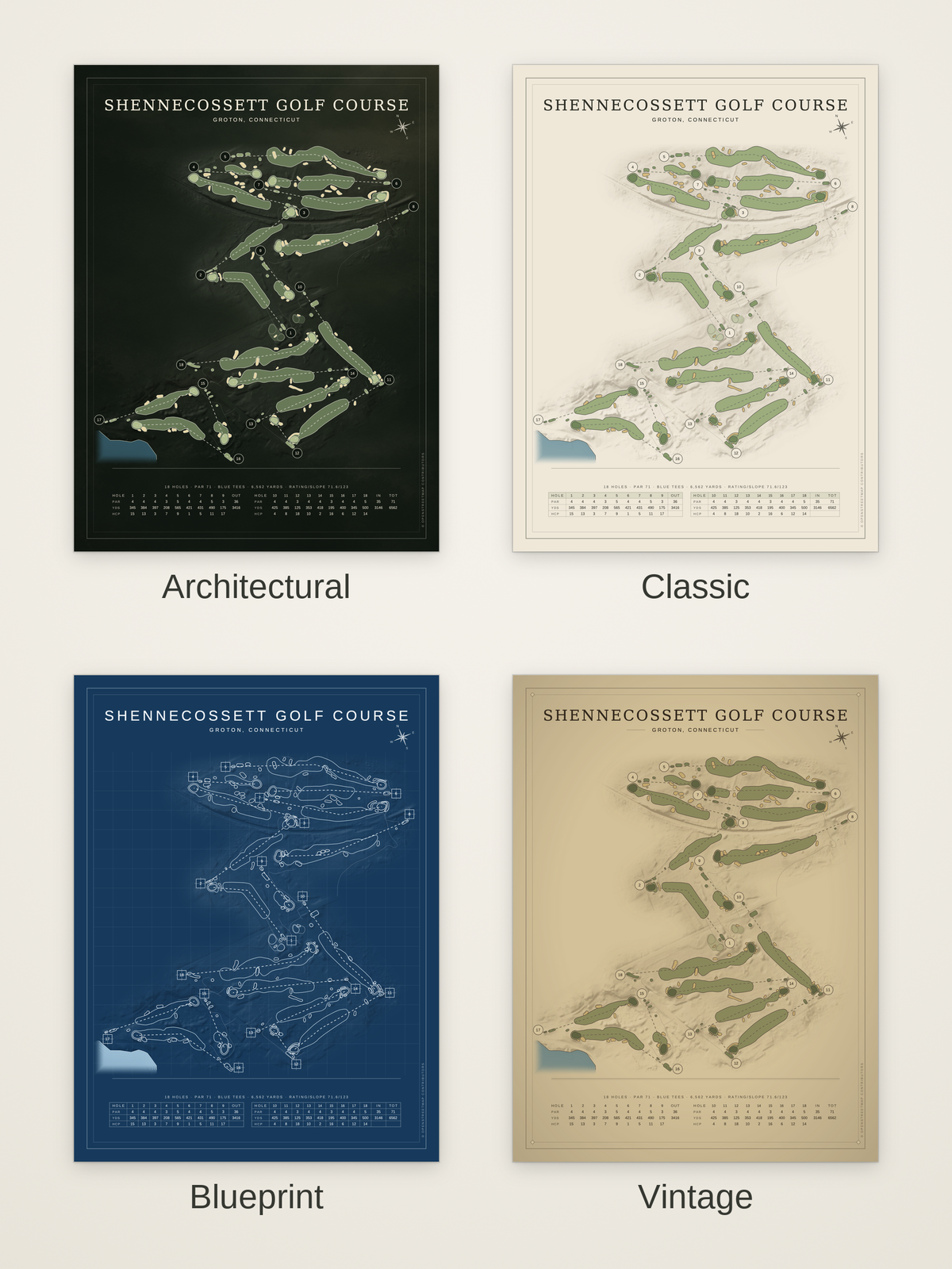 Shennecossett Golf Course map poster in four styles: Architectural, Classic, Blueprint and Vintage