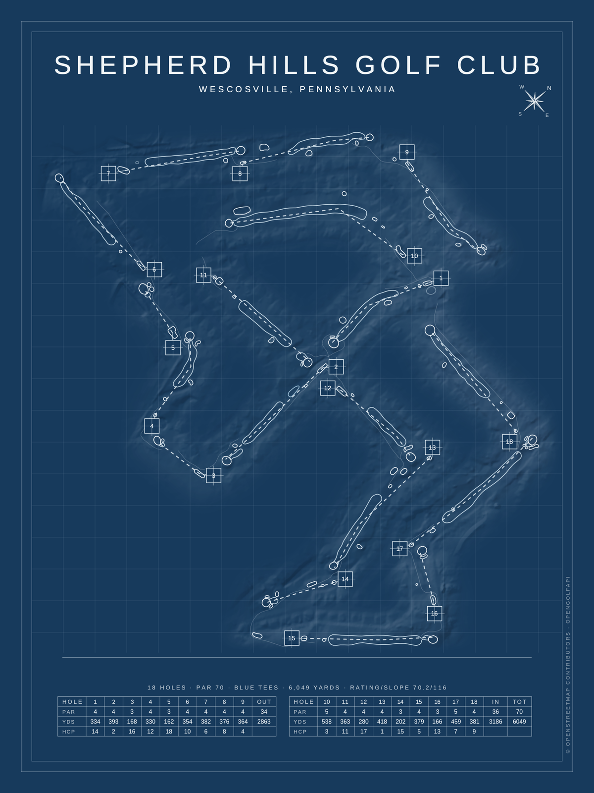 Shepherd Hills Golf Club course map poster, Blueprint style, 12×16 / 18×24