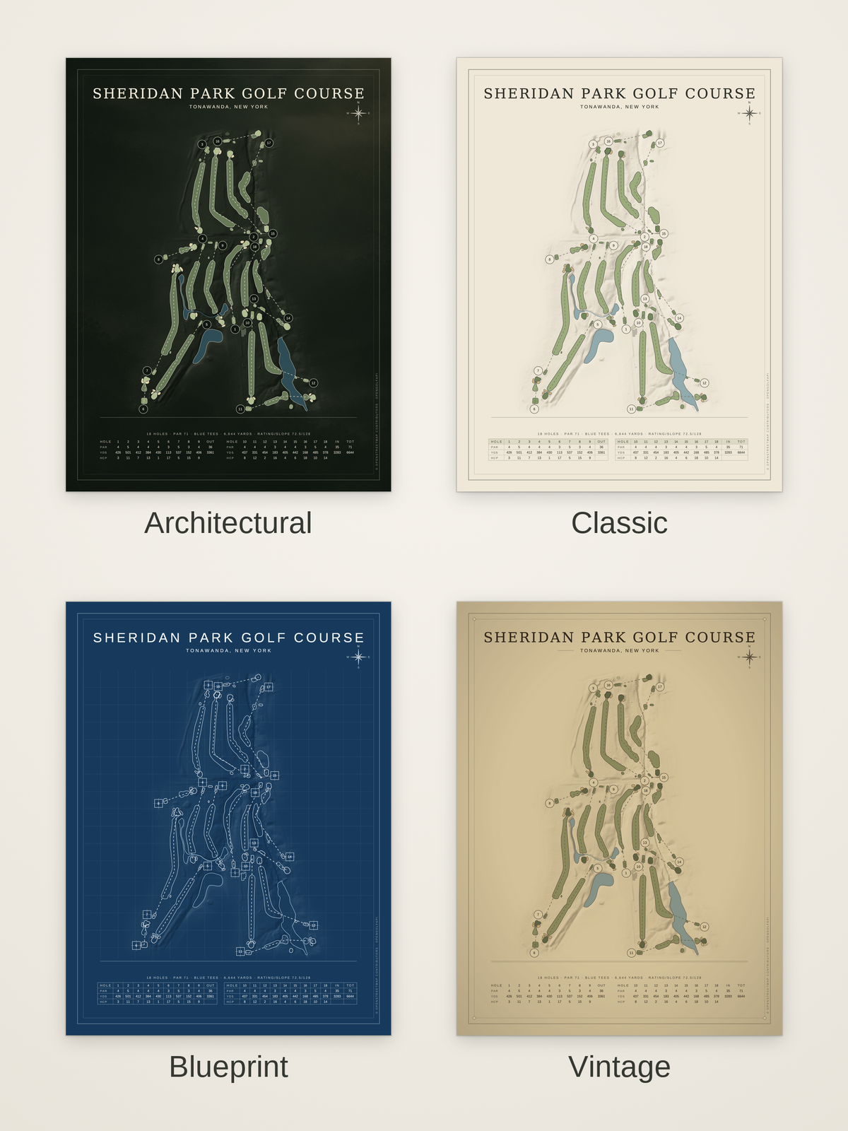 Sheridan Park Golf Course map poster in four styles: Architectural, Classic, Blueprint and Vintage