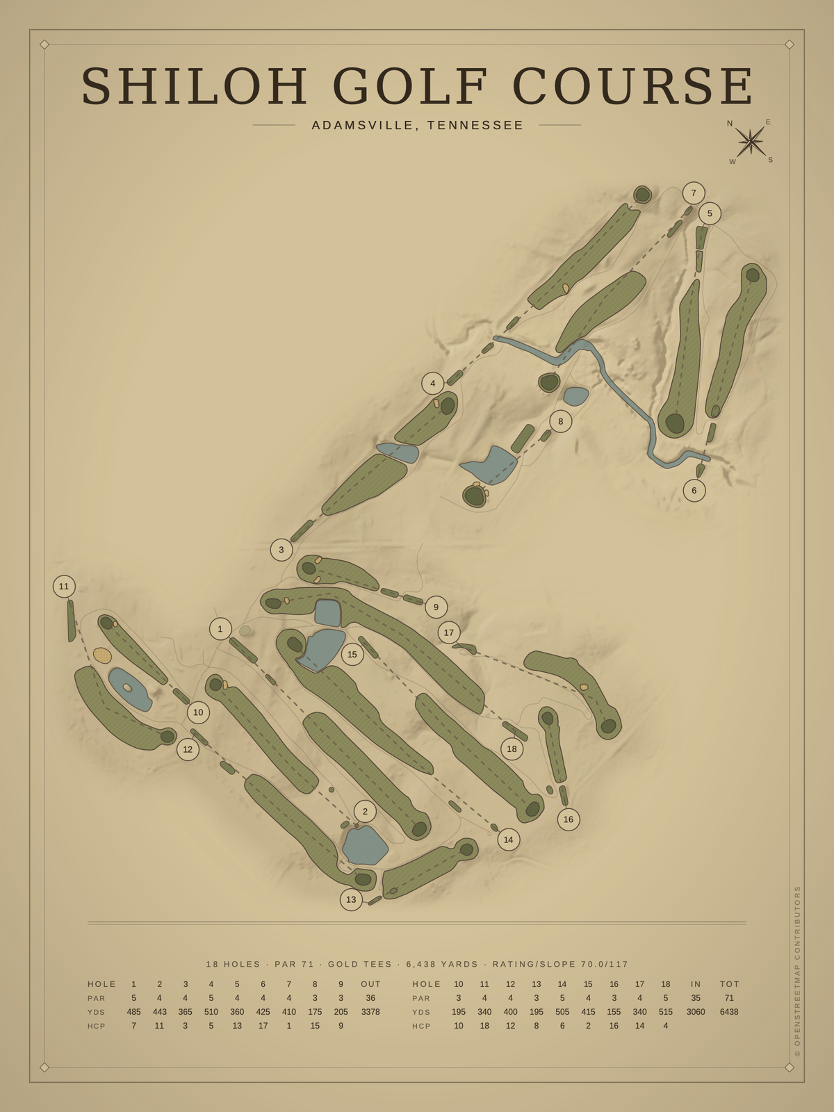 Shiloh Golf Course map poster, Vintage style, 12×16 / 18×24