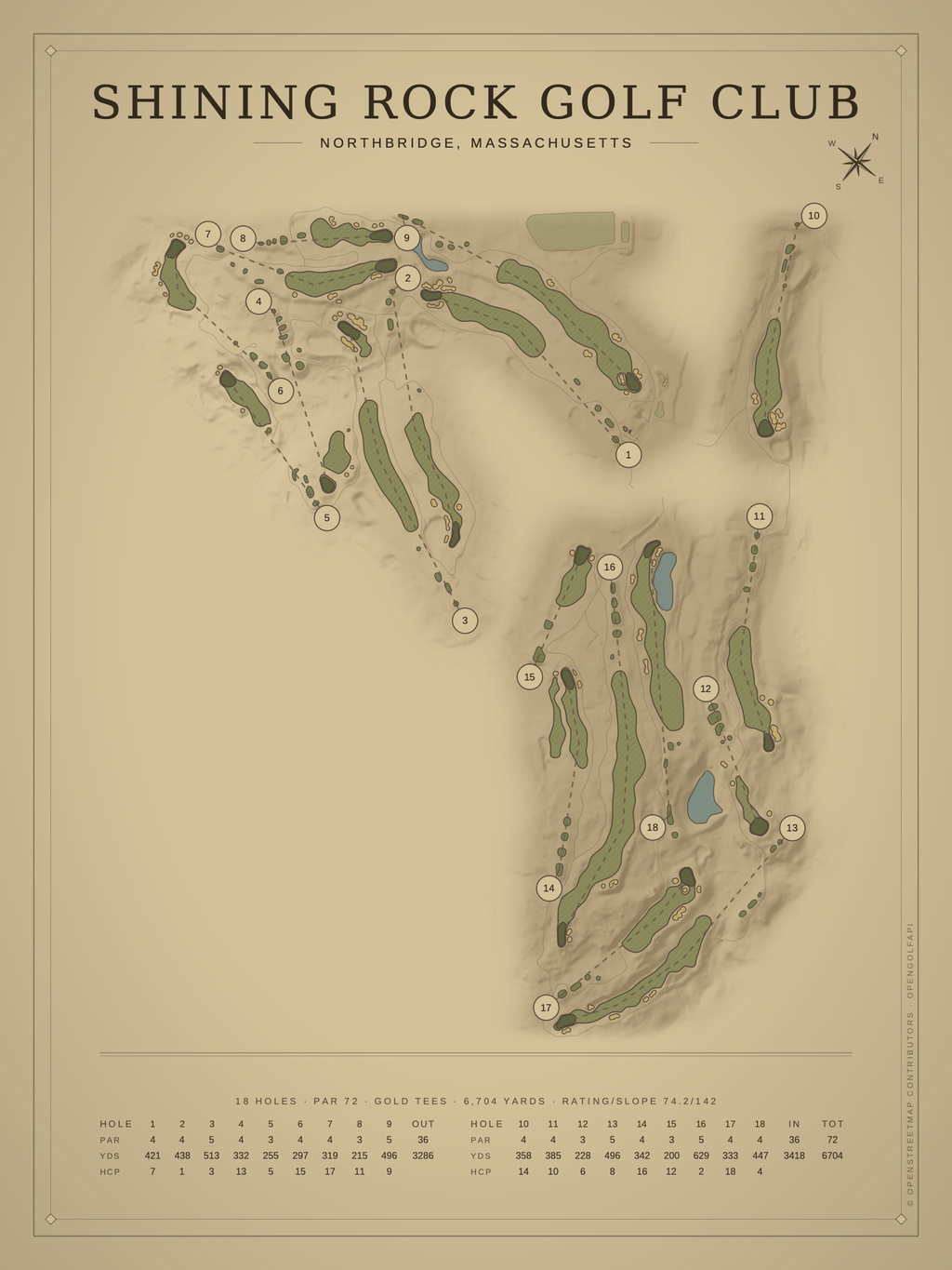 Shining Rock Golf Club course map poster, Vintage style, 12×16 / 18×24