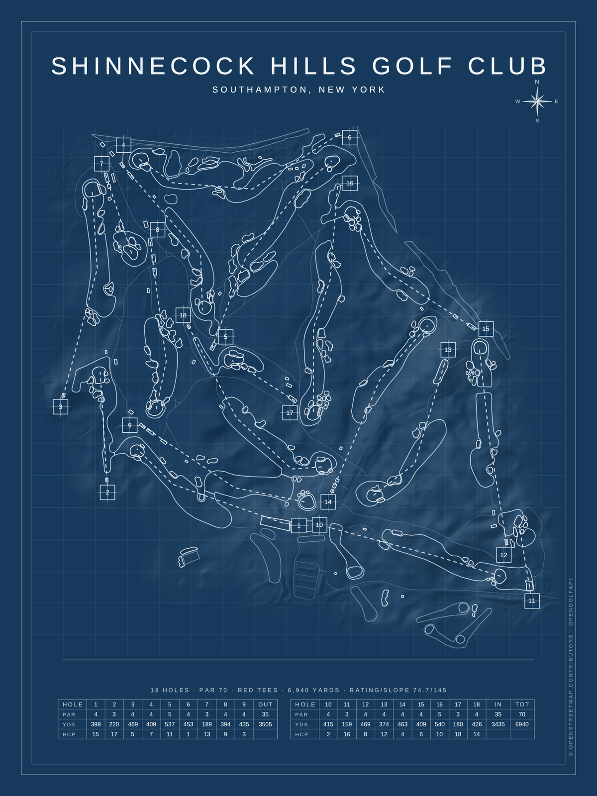 Shinnecock Hills Golf Club course map poster, Blueprint style, 12×16 / 18×24