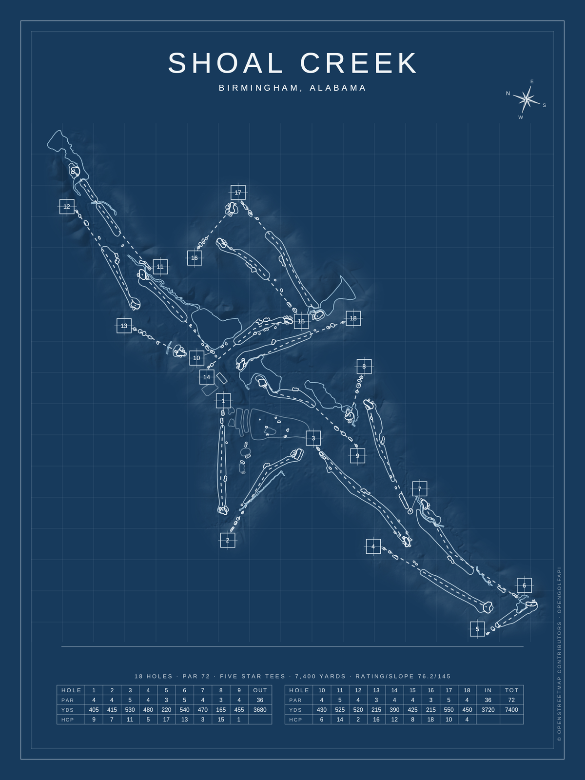 Shoal Creek course map poster, Blueprint style, 12×16 / 18×24