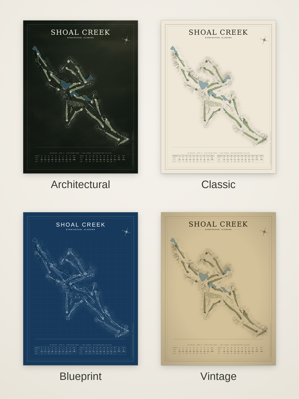 Shoal Creek course map poster in four styles: Architectural, Classic, Blueprint and Vintage