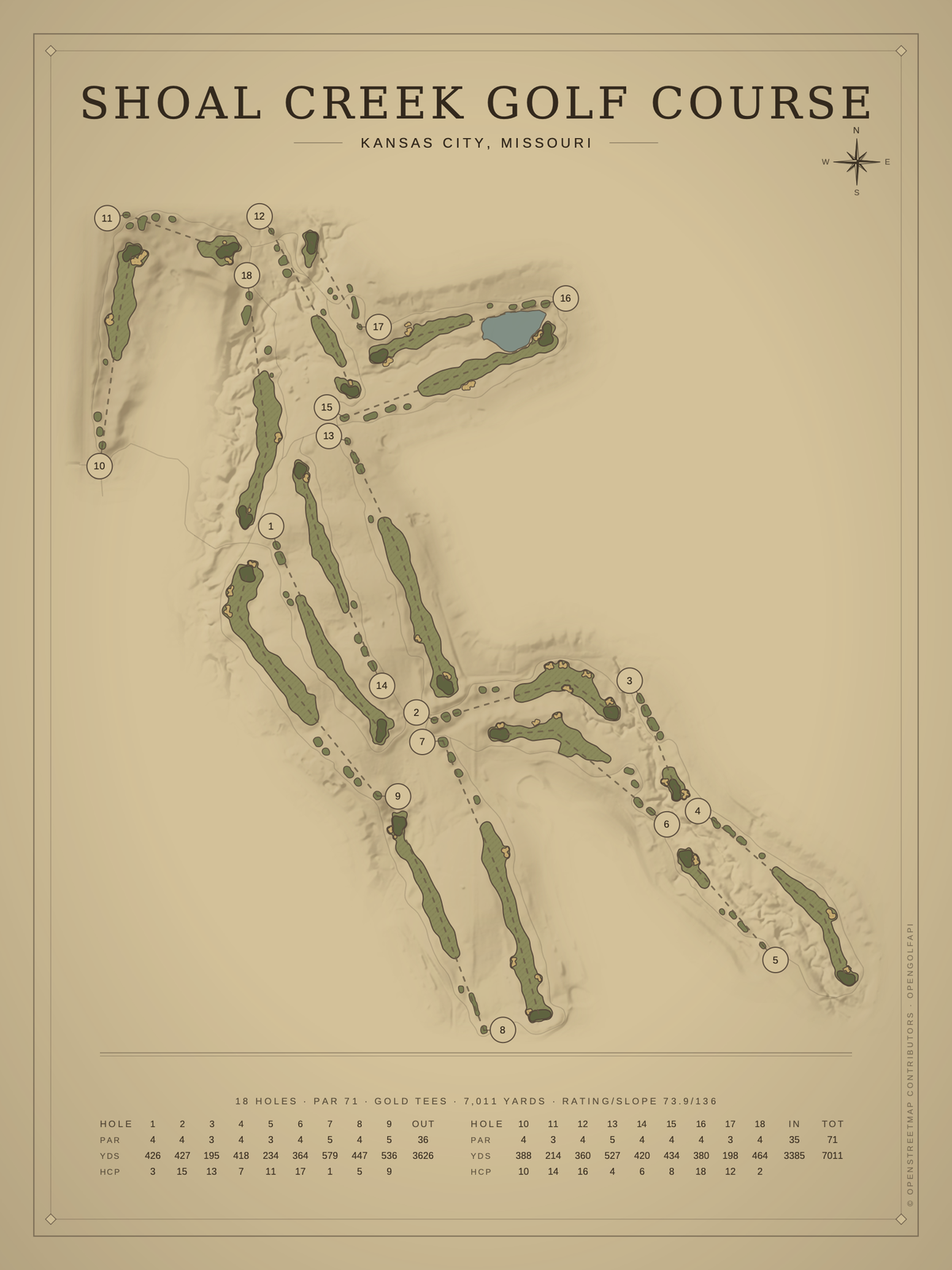 Shoal Creek Golf Course map poster, Vintage style, 12×16 / 18×24