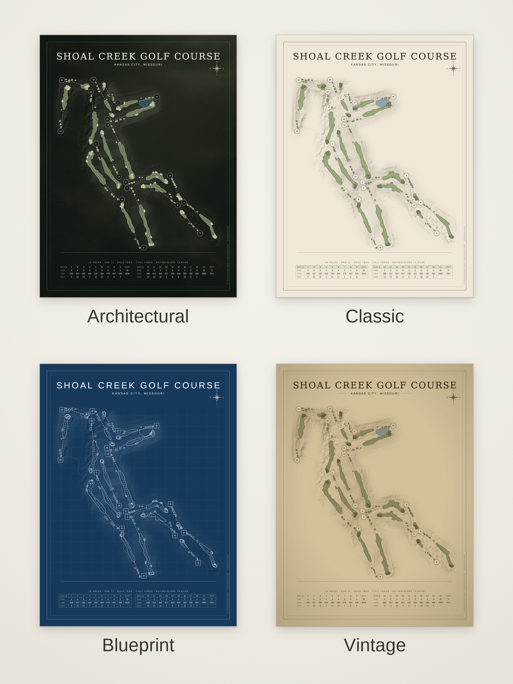 Shoal Creek Golf Course map poster in four styles: Architectural, Classic, Blueprint and Vintage