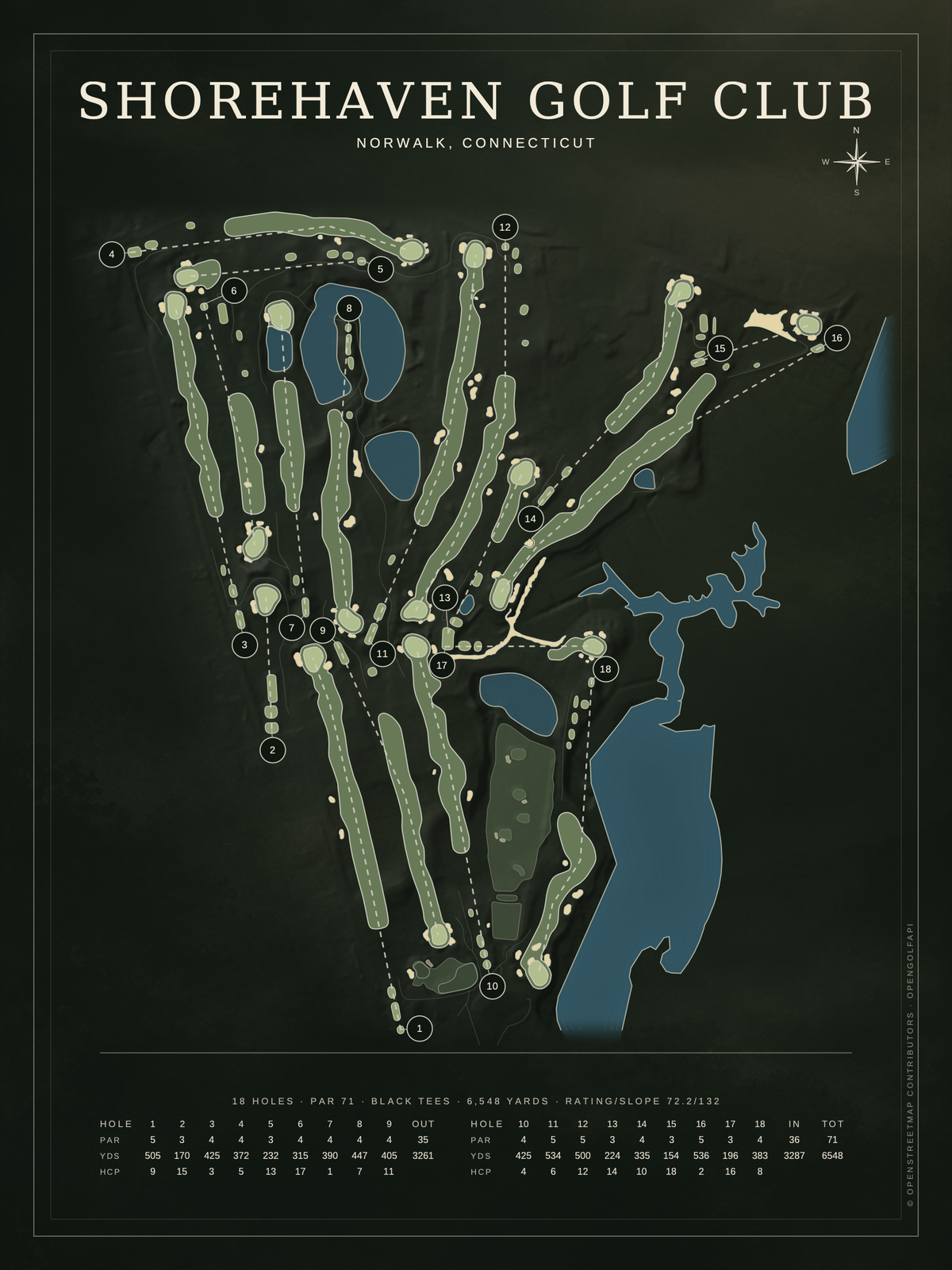 Shorehaven Golf Club course map poster, Architectural style, 12×16 / 18×24