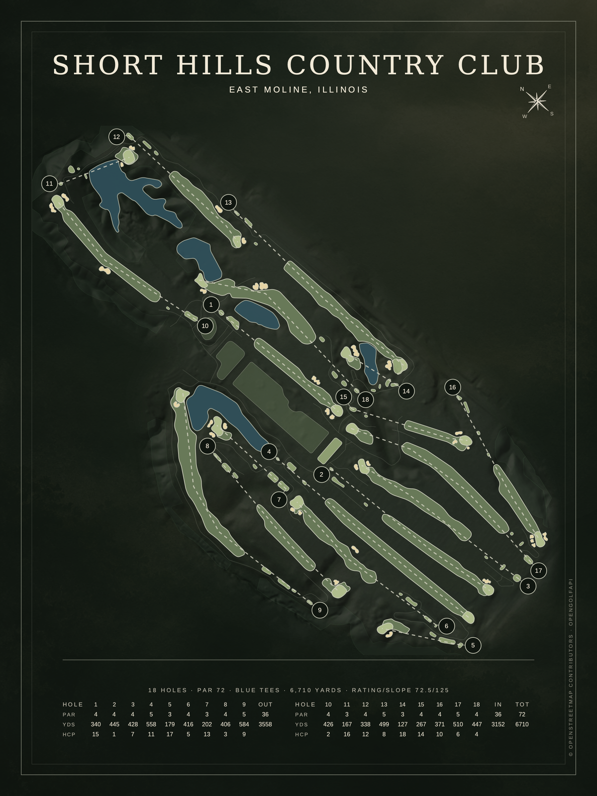 Short Hills Country Club course map poster, Architectural style, 12×16 / 18×24
