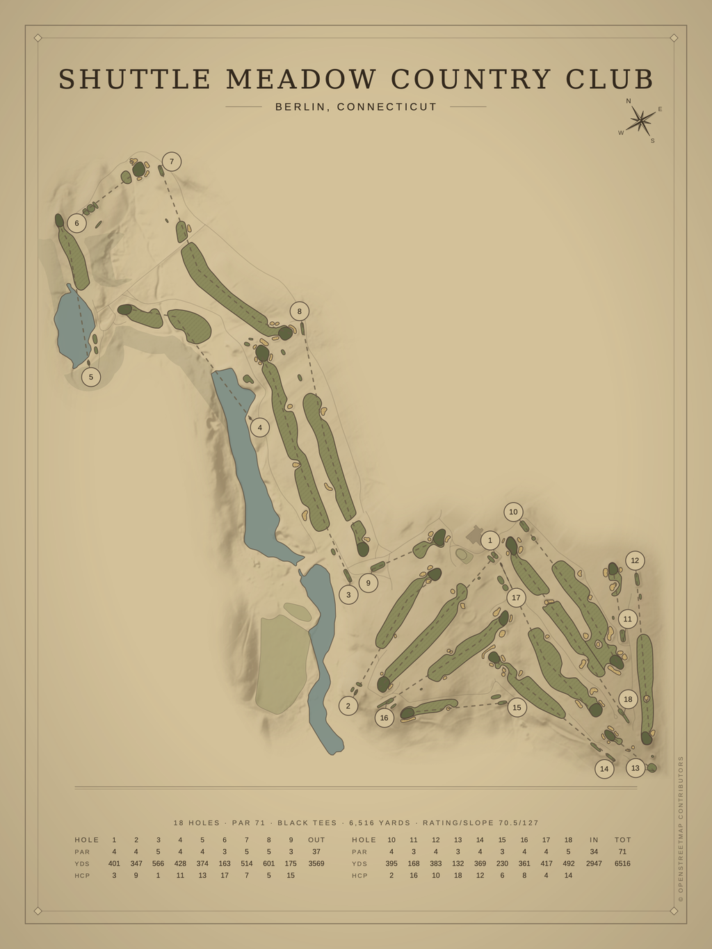 Shuttle Meadow Country Club course map poster, Vintage style, 12×16 / 18×24