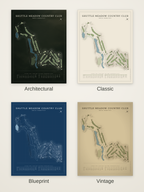 Shuttle Meadow Country Club course map poster in four styles: Architectural, Classic, Blueprint and Vintage
