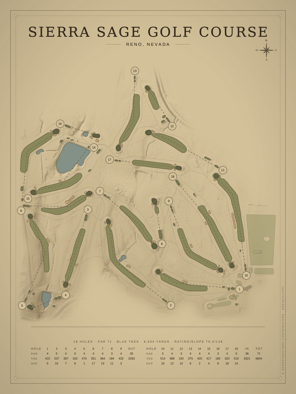 Sierra Sage Golf Course map poster, Vintage style, 12×16 / 18×24