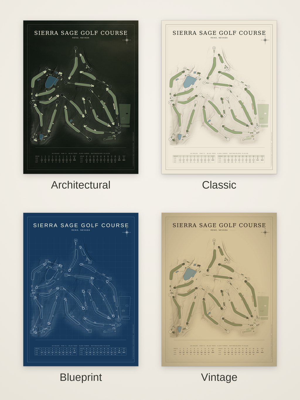 Sierra Sage Golf Course map poster in four styles: Architectural, Classic, Blueprint and Vintage