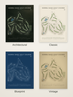 Sierra Sage Golf Course map poster in four styles: Architectural, Classic, Blueprint and Vintage