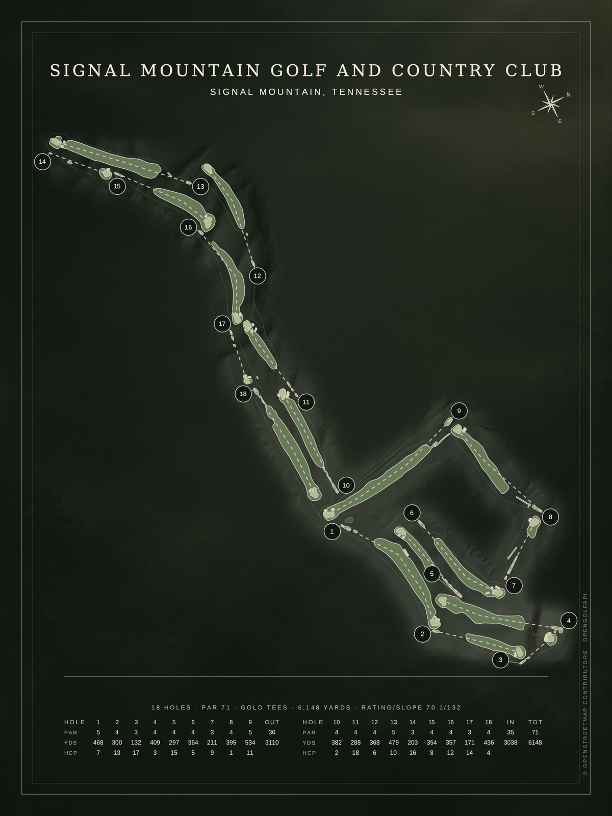 Signal Mountain Golf and Country Club course map poster, Architectural style, 12×16 / 18×24